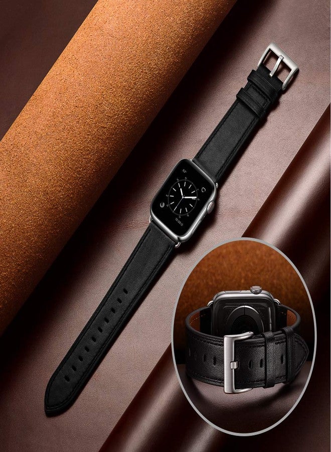 OUHENG Leather Bands Compatible with Apple Watch Band 45mm/49mm/44mm/46mm/42mm, Genuine Leather Strap Replacement for iWatch Series 11/10/9/8/7/6/5/4/3/2/1 & Ultra 3/2/1 & SE3 SE2 SE Men Black Silver - Image 5